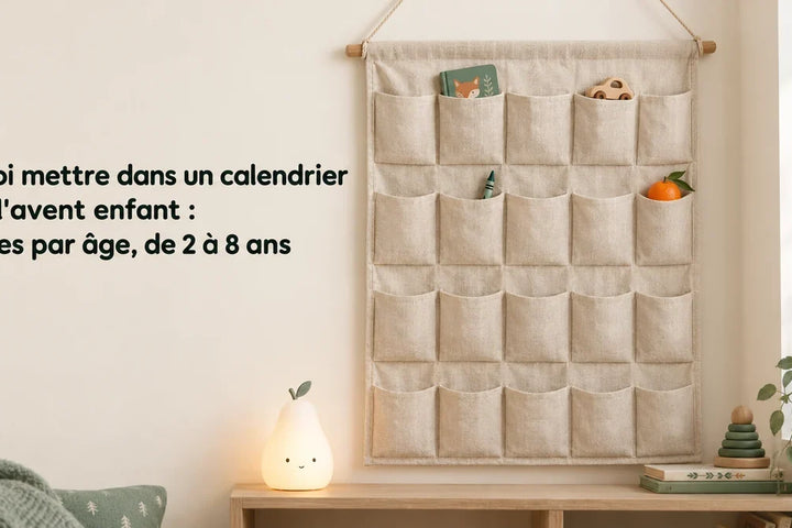 Calendrier de l'avent enfant en lin à pochettes, livre cartonné, petite voiture, clémentine et veilleuse poire allumée, Tendre Veilleuse