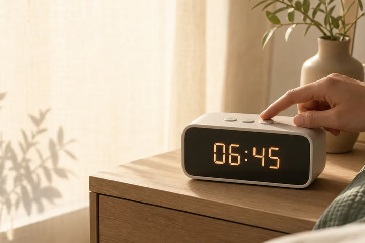 Régler un réveil digital, écran LED tamisé et réveil sur table de chevet au lever du jour