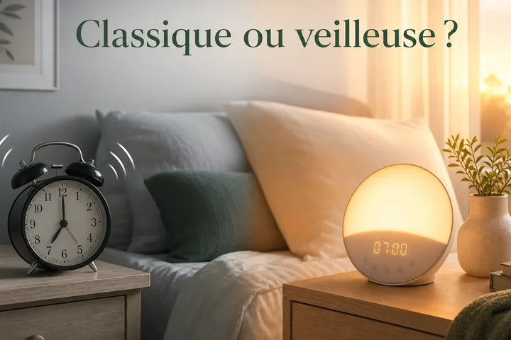 Comparatif réveil classique et réveil veilleuse, sonnerie brutale face à un réveil par lumière progressive
