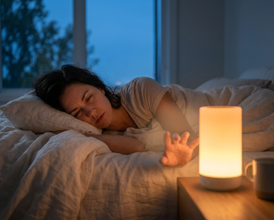 Personne épuisée au réveil dans une chambre sombre éclairée par un simulateur d'aube lumière dorée — Tendre Veilleuse