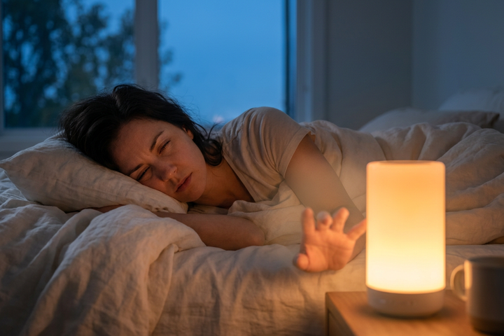 Personne épuisée au réveil dans une chambre sombre éclairée par un simulateur d'aube lumière dorée — Tendre Veilleuse