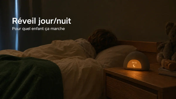 Réveil enfant jour/nuit à écran ambré très faible sur table de chevet à l'aube, enfant endormi de dos, Tendre Veilleuse