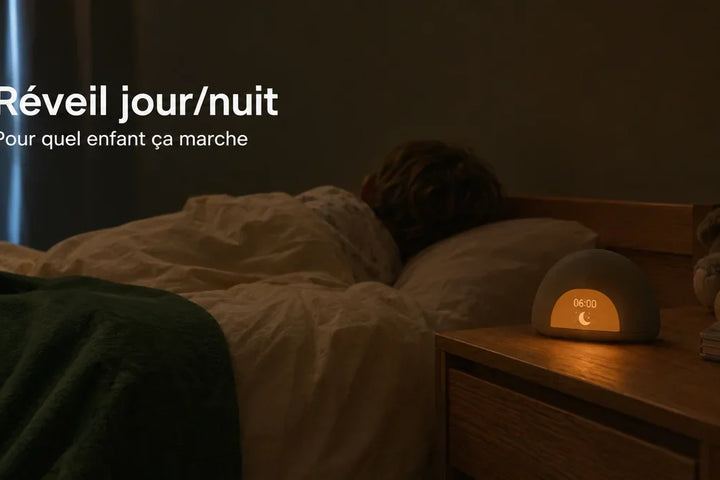 Réveil enfant jour/nuit à écran ambré très faible sur table de chevet à l'aube, enfant endormi de dos, Tendre Veilleuse