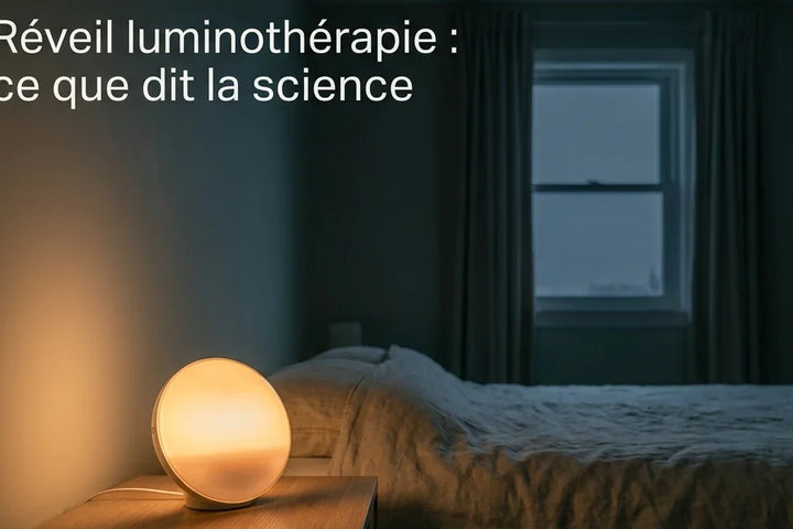 Réveil luminothérapie simulateur d'aube allumé sur une table de chevet dans une chambre avant le lever du jour, Tendre Veilleuse