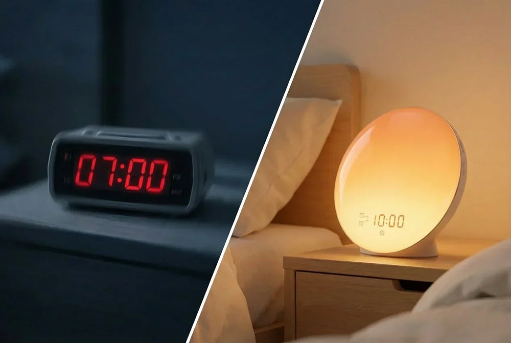 Comparaison visuelle : réveil classique à affichage rouge sombre à gauche contre un réveil simulateur d'aube lumineux sur une table de chevet pour un réveil moins difficile, pouvant aussi servir de veilleuse bébé.