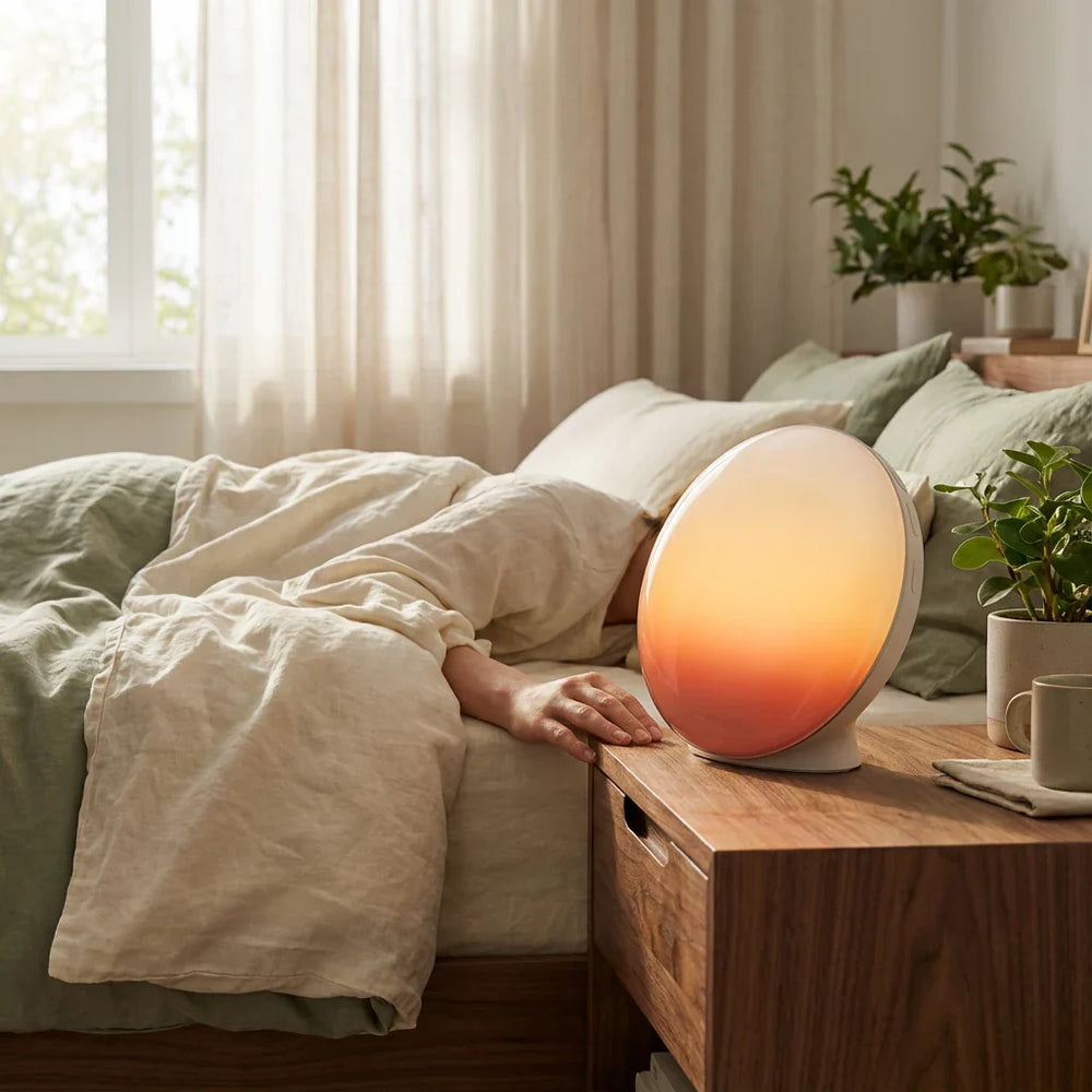 Réveil veilleuse et simulateur d'aube Horizon posé sur une table de nuit en bois, diffusant une lumière progressive ambre et blanche pour un réveil naturel sans stress.