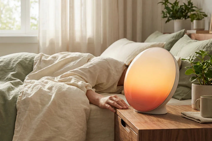Réveil veilleuse et simulateur d'aube Horizon posé sur une table de nuit en bois, diffusant une lumière progressive ambre et blanche pour un réveil naturel sans stress.