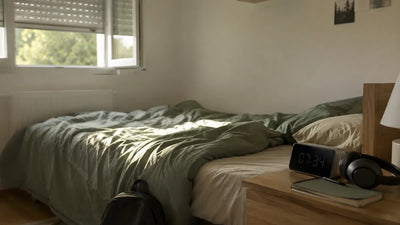 Chambre d'adolescent au petit matin, lit défait et réveil sur la table de nuit, Tendre Veilleuse
