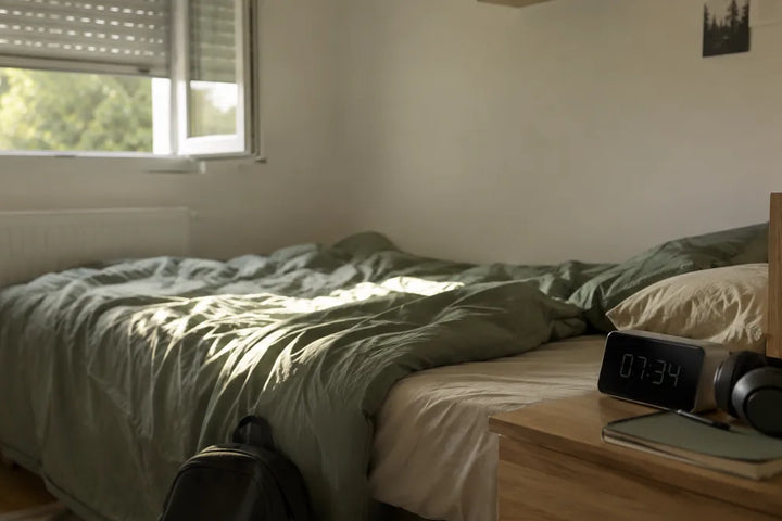 Chambre d'adolescent au petit matin, lit défait et réveil sur la table de nuit, Tendre Veilleuse