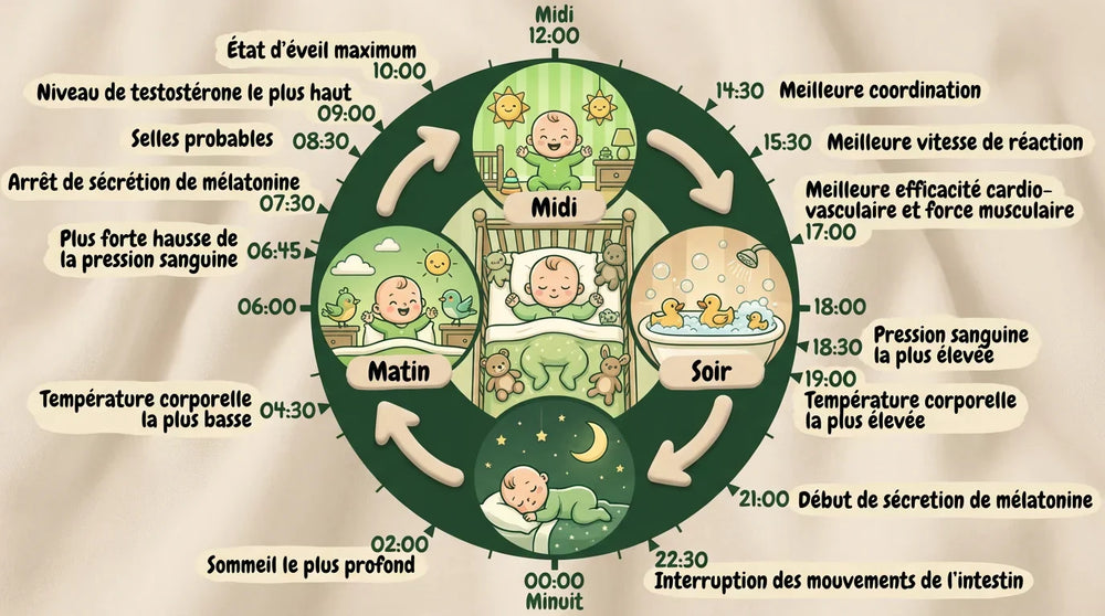 Schéma explicatif du cycle circadien bébé sur 24h : illustration des pics de cortisol le matin, de la sécrétion de mélatonine le soir et des phases de sommeil profond selon l'horloge biologique.
