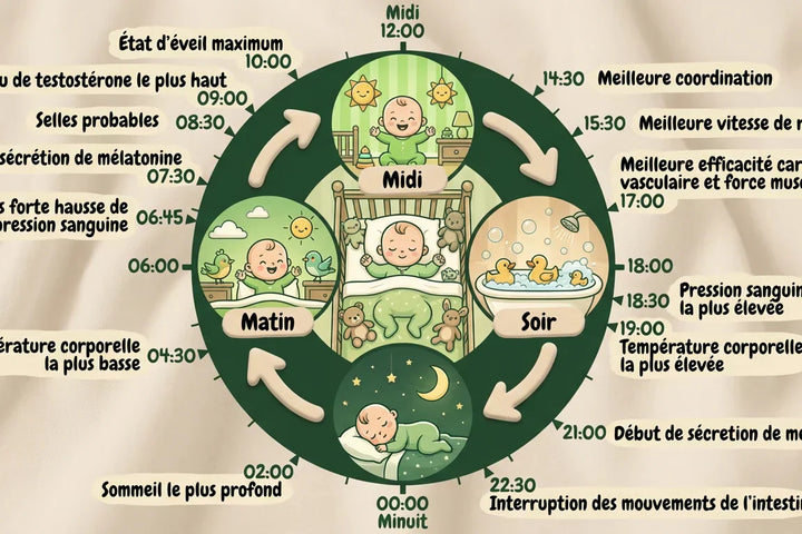 Schéma explicatif du cycle circadien bébé sur 24h : illustration des pics de cortisol le matin, de la sécrétion de mélatonine le soir et des phases de sommeil profond selon l'horloge biologique.