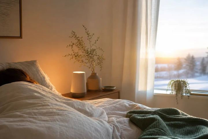 Se réveiller avec la lumière du matin, lever de soleil progressif du rouge au bleu près du lit - Tendre Veilleuse