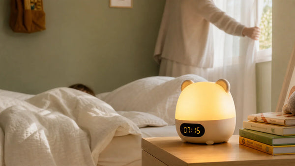 Simulateur d'aube enfant ours allumé sur table de chevet dans une chambre au réveil