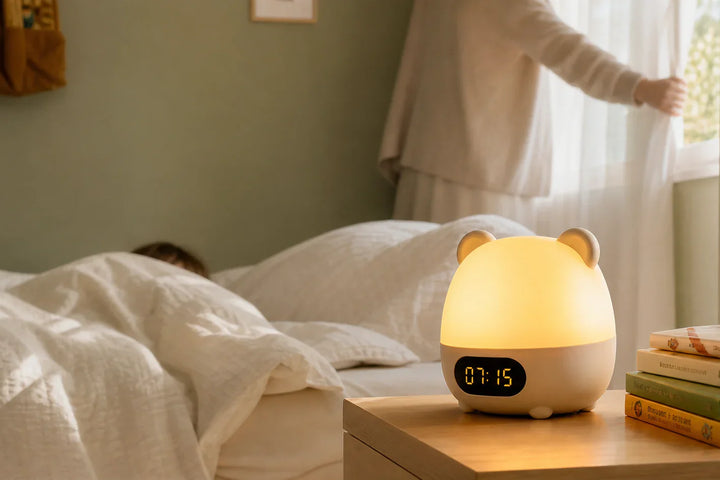 Simulateur d'aube enfant ours allumé sur table de chevet dans une chambre au réveil