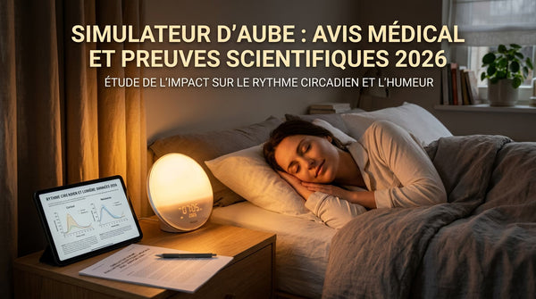 Simulateur d'aube allumé sur table de nuit diffusant une lumière ambrée, femme endormie, tablette affichant les courbes de cortisol et mélatonine 2026