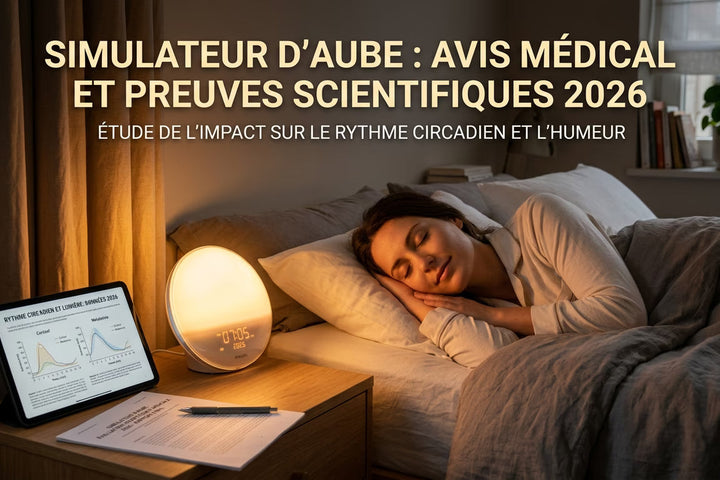 Simulateur d'aube allumé sur table de nuit diffusant une lumière ambrée, femme endormie, tablette affichant les courbes de cortisol et mélatonine 2026