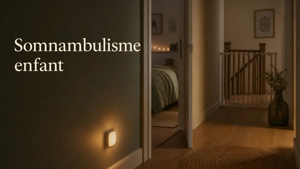 Somnambulisme enfant : couloir de nuit eclaire par une veilleuse chaude, barriere de securite dans un escalier, Tendre Veilleuse