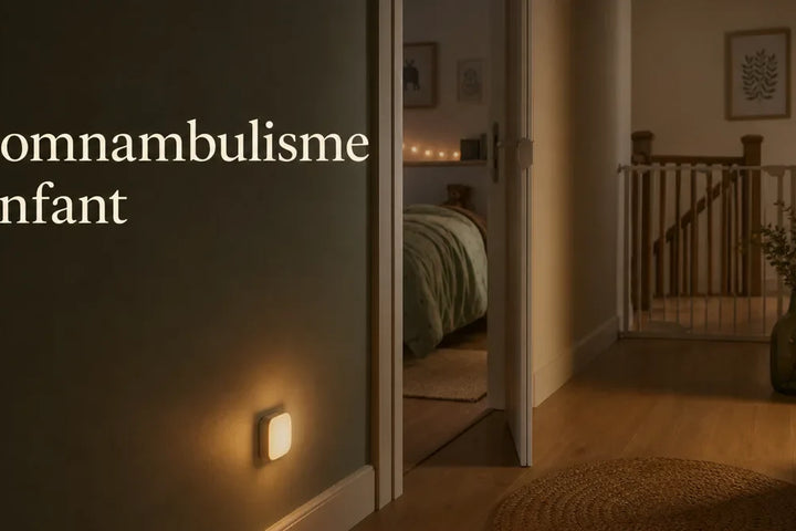 Somnambulisme enfant : couloir de nuit eclaire par une veilleuse chaude, barriere de securite dans un escalier, Tendre Veilleuse