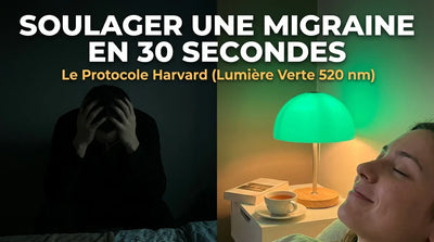 Femme utilisant une veilleuse à lumière verte (520 nm) pour soulager une migraine en 30 secondes selon la méthode Harvard. Solution naturelle contre la photophobie et la douleur pulsatile par Tendre Veilleuse.