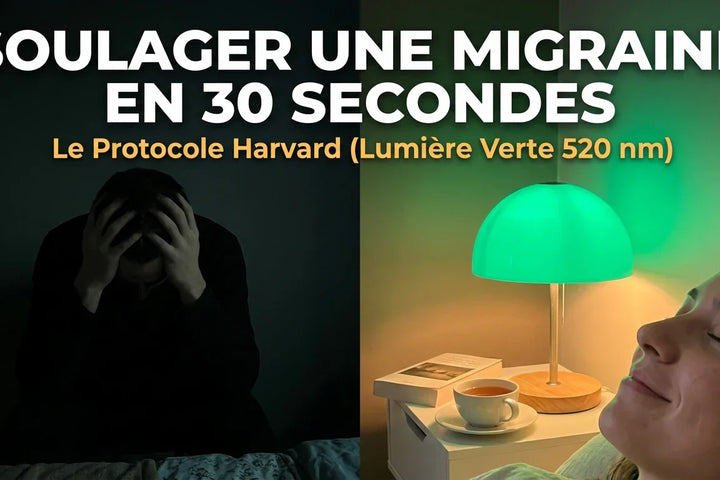 Femme utilisant une veilleuse à lumière verte (520 nm) pour soulager une migraine en 30 secondes selon la méthode Harvard. Solution naturelle contre la photophobie et la douleur pulsatile par Tendre Veilleuse.