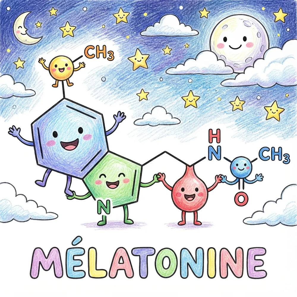 Illustration de la structure chimique de la mélatonine sous forme de dessin d'enfant avec des personnages souriants, sur un fond de ciel nocturne avec lune et étoiles. Le mot MÉLATONINE est écrit en bas en lettres colorées.