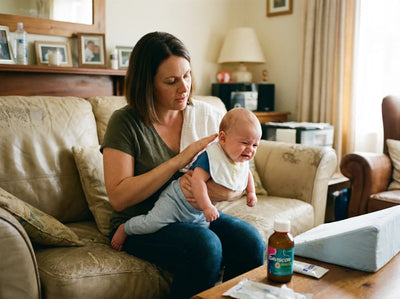 Maman épuisée tentant d'apaiser son bébé souffrant de RGO interne et de pleurs intenses. Sur la table, les solutions classiques comme le Gaviscon et un plan incliné (lit proclive) témoignent de la gestion difficile du reflux gastrique.