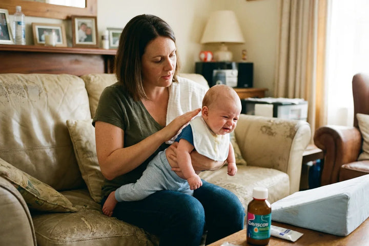 Maman épuisée tentant d'apaiser son bébé souffrant de RGO interne et de pleurs intenses. Sur la table, les solutions classiques comme le Gaviscon et un plan incliné (lit proclive) témoignent de la gestion difficile du reflux gastrique.
