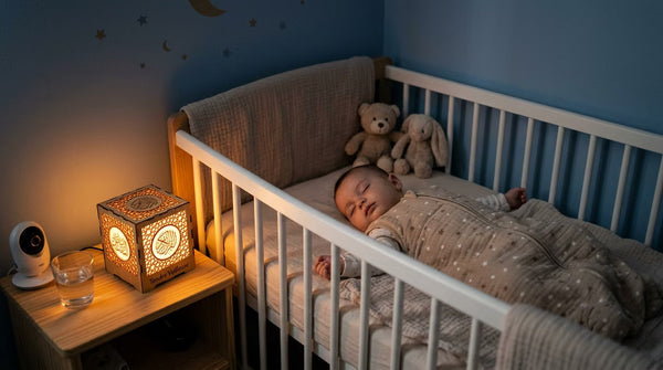 Veilleuse coranique cube Tendre Veilleuse diffusant une lumière ambrée apaisante près du berceau d'un bébé endormi.