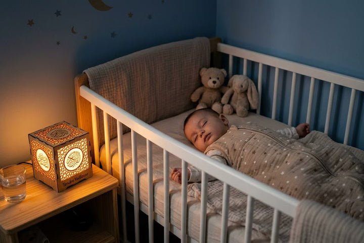 Veilleuse coranique cube Tendre Veilleuse diffusant une lumière ambrée apaisante près du berceau d'un bébé endormi.