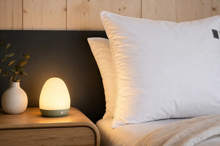 Oreiller blanc Petit Meunier avec veilleuse douce Tendre Veilleuse sur table de nuit en bois, ambiance sommeil apaisante