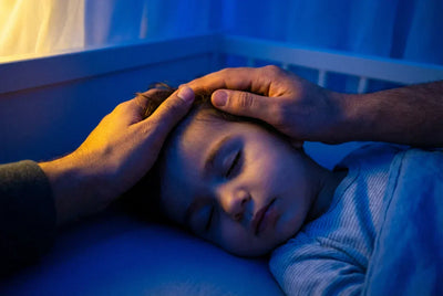 Père posant sa main sur le front de son enfant endormi pour réciter les invocations de protection (Roqya) contre les terreurs nocturnes et le mauvais œil. Ambiance chambre nuit bleue.