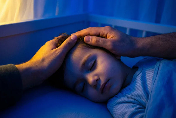 Père posant sa main sur le front de son enfant endormi pour réciter les invocations de protection (Roqya) contre les terreurs nocturnes et le mauvais œil. Ambiance chambre nuit bleue.