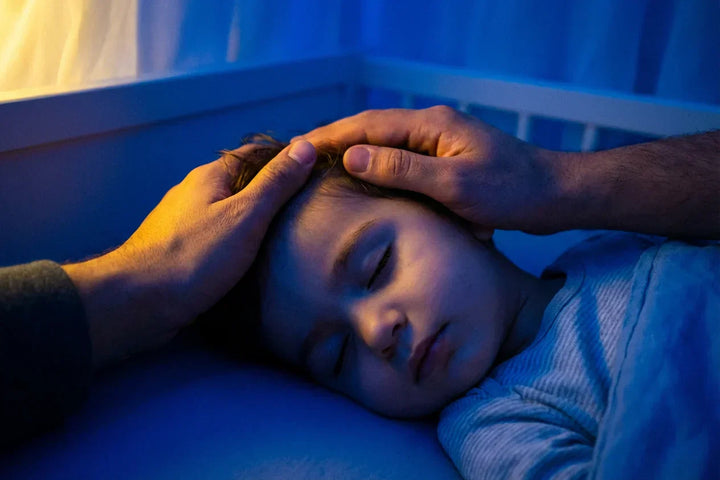 Père posant sa main sur le front de son enfant endormi pour réciter les invocations de protection (Roqya) contre les terreurs nocturnes et le mauvais œil. Ambiance chambre nuit bleue.