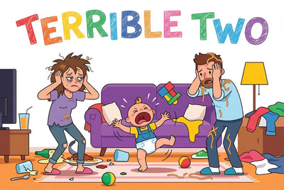 Illustration humoristique du Terrible Two : Parents épuisés face aux crises de sommeil de l'enfant, symbolisant l'impact du cortisol et de l'angoisse de séparation.