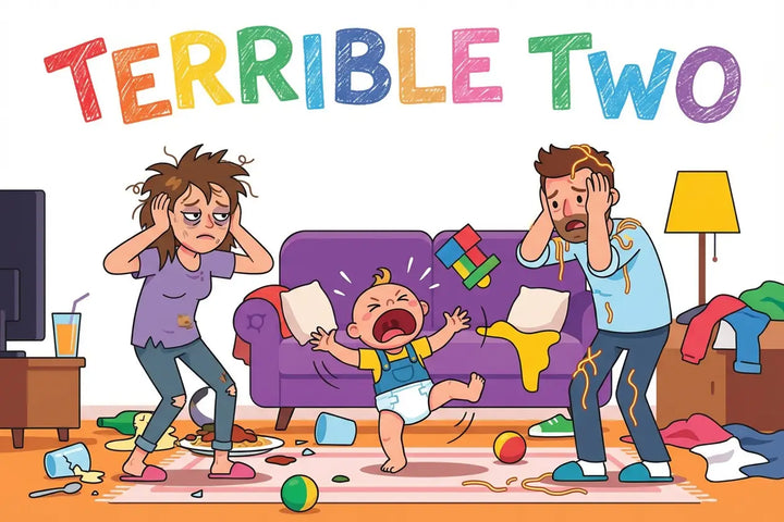Illustration humoristique du Terrible Two : Parents épuisés face aux crises de sommeil de l'enfant, symbolisant l'impact du cortisol et de l'angoisse de séparation.