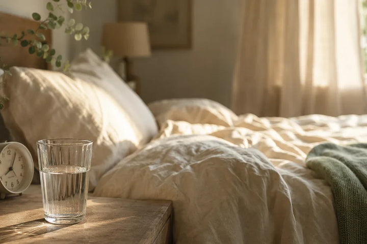 Chambre au petit matin avec un verre d'eau sur la table de chevet, illustration de la tête qui tourne au réveil