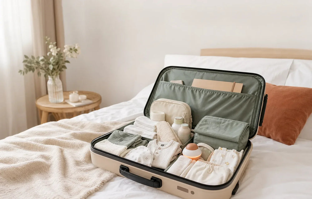 Valise maternité liste complète 2026 avec checklist maman bébé, vêtements naissance et veilleuse rouge Tendre Veilleuse