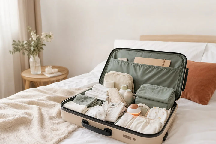 Valise maternité liste complète 2026 avec checklist maman bébé, vêtements naissance et veilleuse rouge Tendre Veilleuse