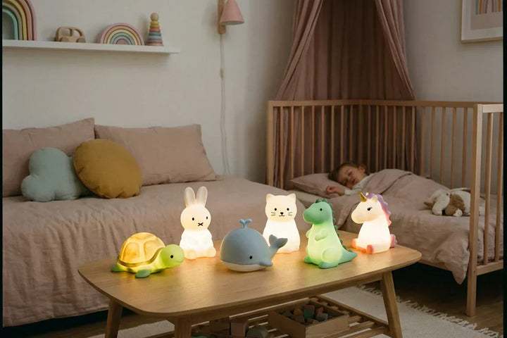 Veilleuses animaux tortue lapin baleine chat dinosaure et licorne dans une chambre enfant avec lumière douce