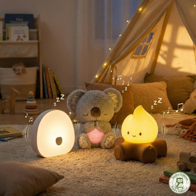 Trois modèles d'aide au sommeil dans une chambre d'enfant : une veilleuse blanche design, une peluche koala lumineuse et une veilleuse bruit blanc ludique en forme de feu de camp, entourées de notes de musique.
