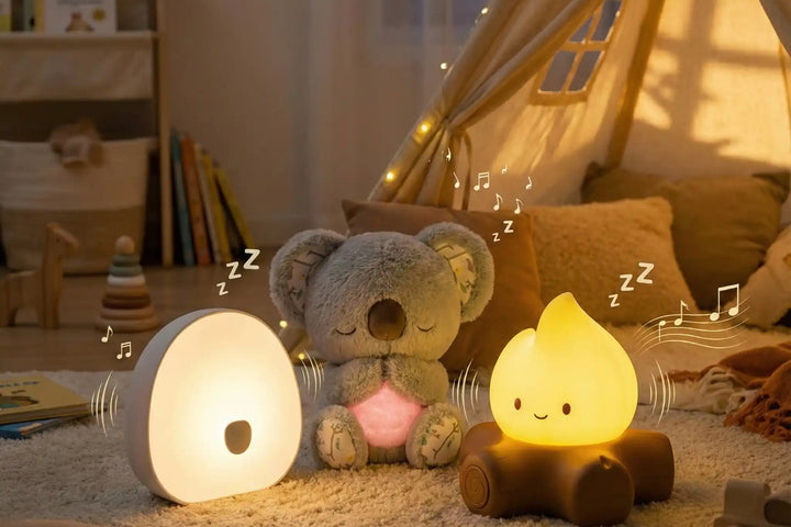Trois modèles d'aide au sommeil dans une chambre d'enfant : une veilleuse blanche design, une peluche koala lumineuse et une veilleuse bruit blanc ludique en forme de feu de camp, entourées de notes de musique.