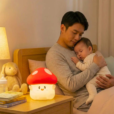 Père portant son bébé endormi dans une chambre éclairée par une veilleuse nomade de faible intensité, pendant les pleurs du soir