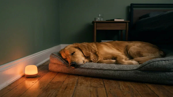Chien golden retriever endormi la nuit avec veilleuse lumiere ambre au sol, spectre rouge recommande veterinaires — Tendre Veilleuse