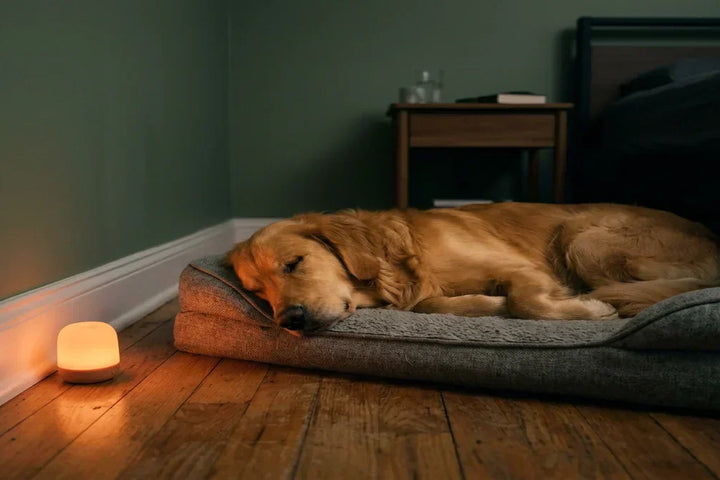 Chien golden retriever endormi la nuit avec veilleuse lumiere ambre au sol, spectre rouge recommande veterinaires — Tendre Veilleuse