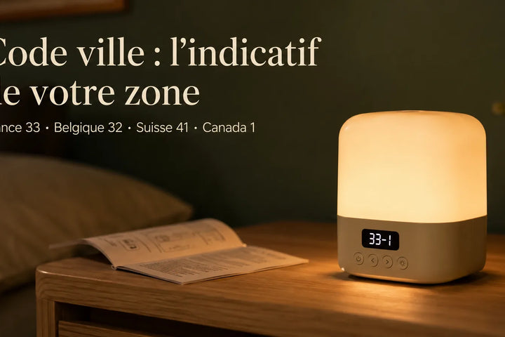 Veilleuse coranique posée sur une table de nuit, écran affichant le code ville 33-1