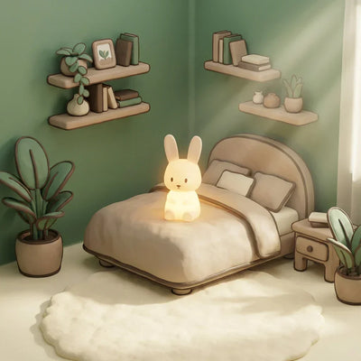Une veilleuse Lapin Silicone allumée sur un lit d'enfant, diffusant une douce lumière tamisée dans une chambre confortable au style illustration 3D.