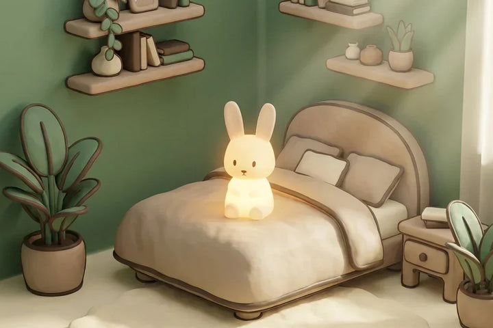 Une veilleuse Lapin Silicone allumée sur un lit d'enfant, diffusant une douce lumière tamisée dans une chambre confortable au style illustration 3D.