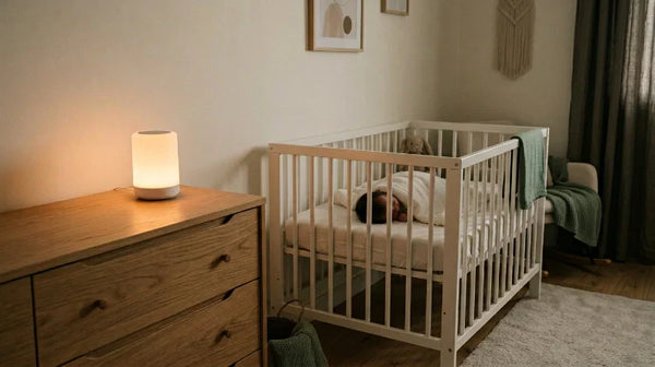 Chambre bébé sereine avec veilleuse musicale posée sur une commode à 2 mètres du berceau, lumière ambre douce, bébé endormi — Tendre Veilleuse