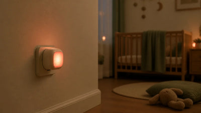 Veilleuse à prise murale diffusant une lumière rouge douce dans une chambre bébé sécurisée sans câble visible