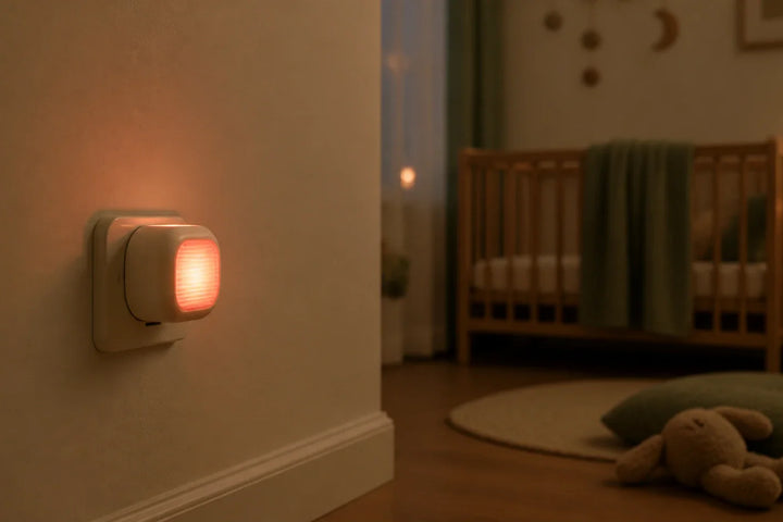 Veilleuse à prise murale diffusant une lumière rouge douce dans une chambre bébé sécurisée sans câble visible